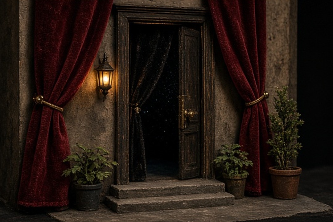 A handcrafted miniature theatre threshold lit from within