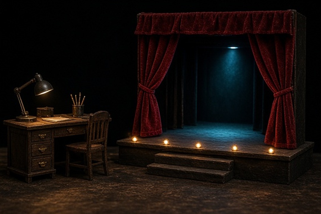 A miniature work desk transitioning toward a small theatre stage