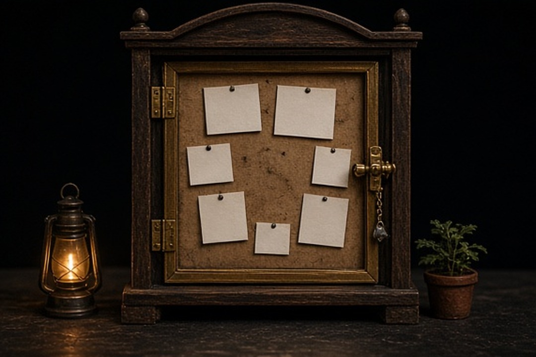 A miniature brass-edged callboard with blank cards