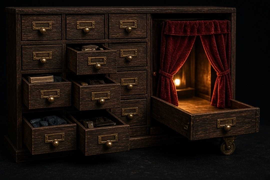 A wall of handcrafted backstage drawers opening toward stage light