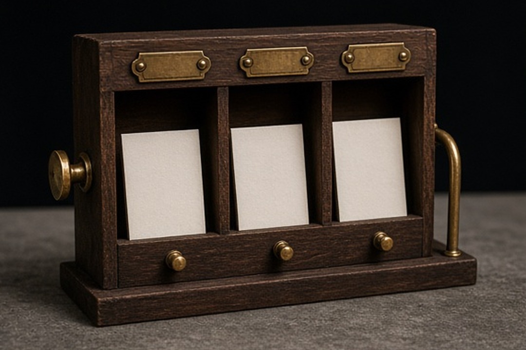 A physical miniature cue rail with three blank magnetic cards