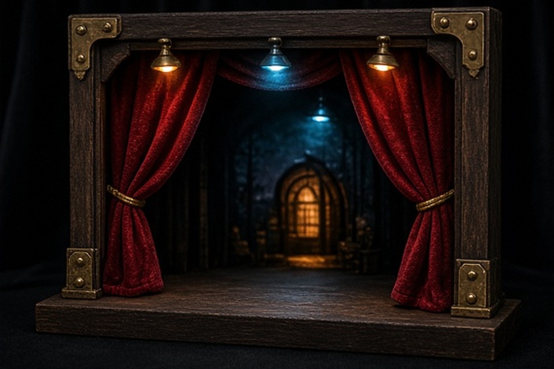 A miniature proscenium prepared for a paper-tech sequence