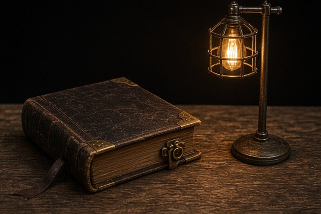A handcrafted closed prompt book beside a warm ghost light
