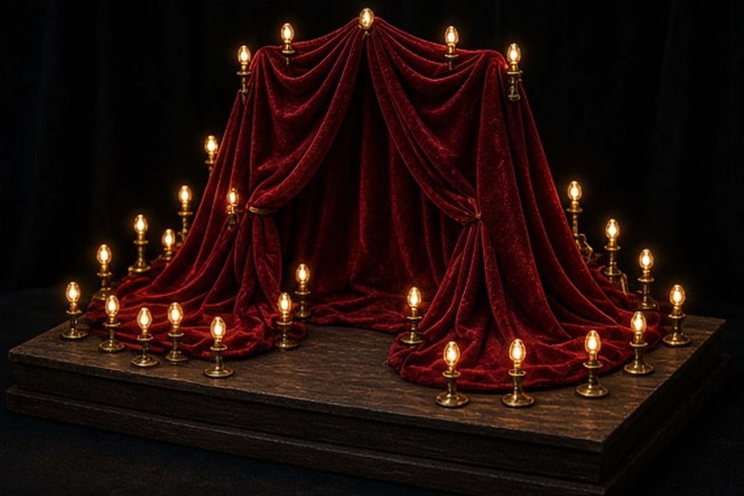 An oxblood miniature curtain surrounded by warm practical lights