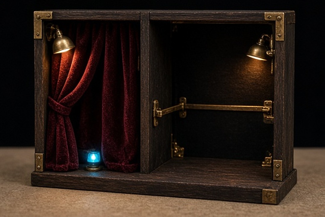 A miniature split stage representing the boundary between app and website