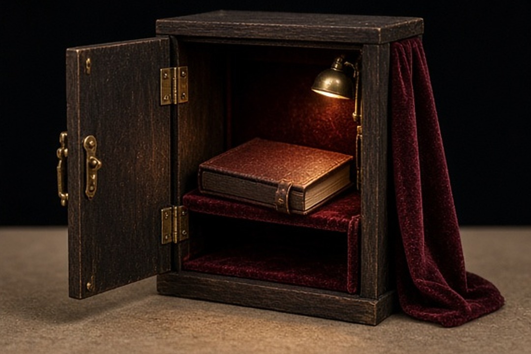 A private miniature prompt book stored in a small cabinet