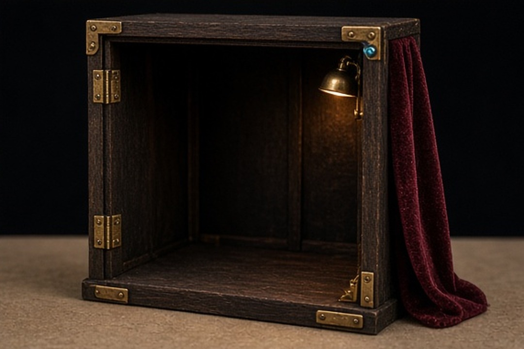 A miniature account booth left visibly empty