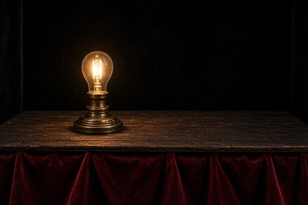 A single miniature ghost light glowing in an offline black-box theatre