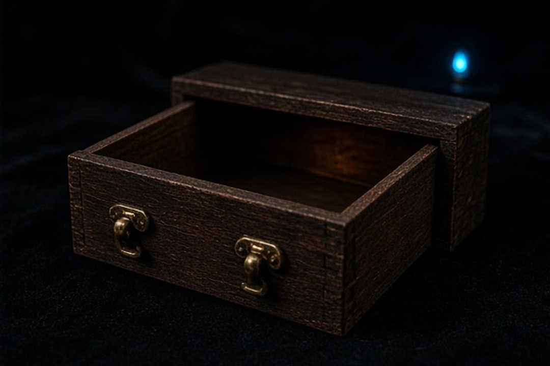 An emptied miniature drawer after a careful theatrical strike