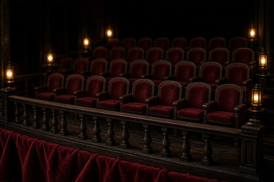 A warm miniature family balcony with empty seats and aisle lights